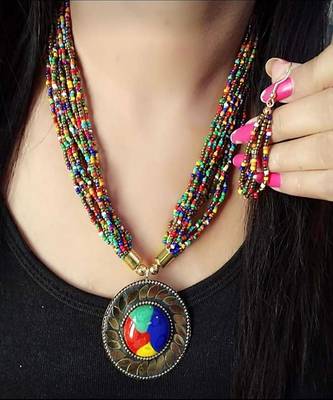Crystal Shine Multistrand Multi Beads Ethnic Kundan Necklace  & Earring Set For Women 1