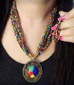 Crystal Shine Multistrand Multi Beads Ethnic Kundan Necklace  & Earring Set For Women