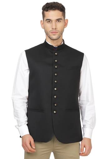 Black plain cotton nehru-jacket