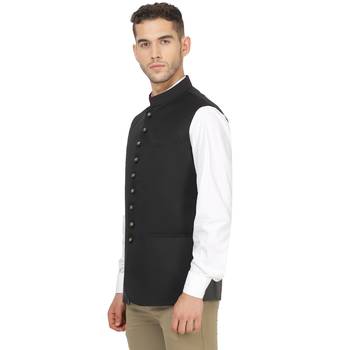Black plain cotton nehru-jacket 2