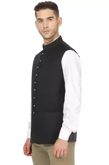 Black plain cotton nehru-jacket