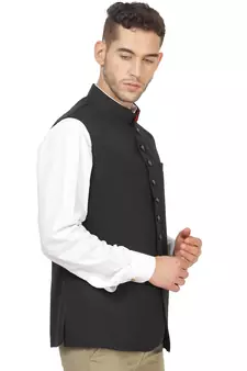 Black plain cotton nehru-jacket