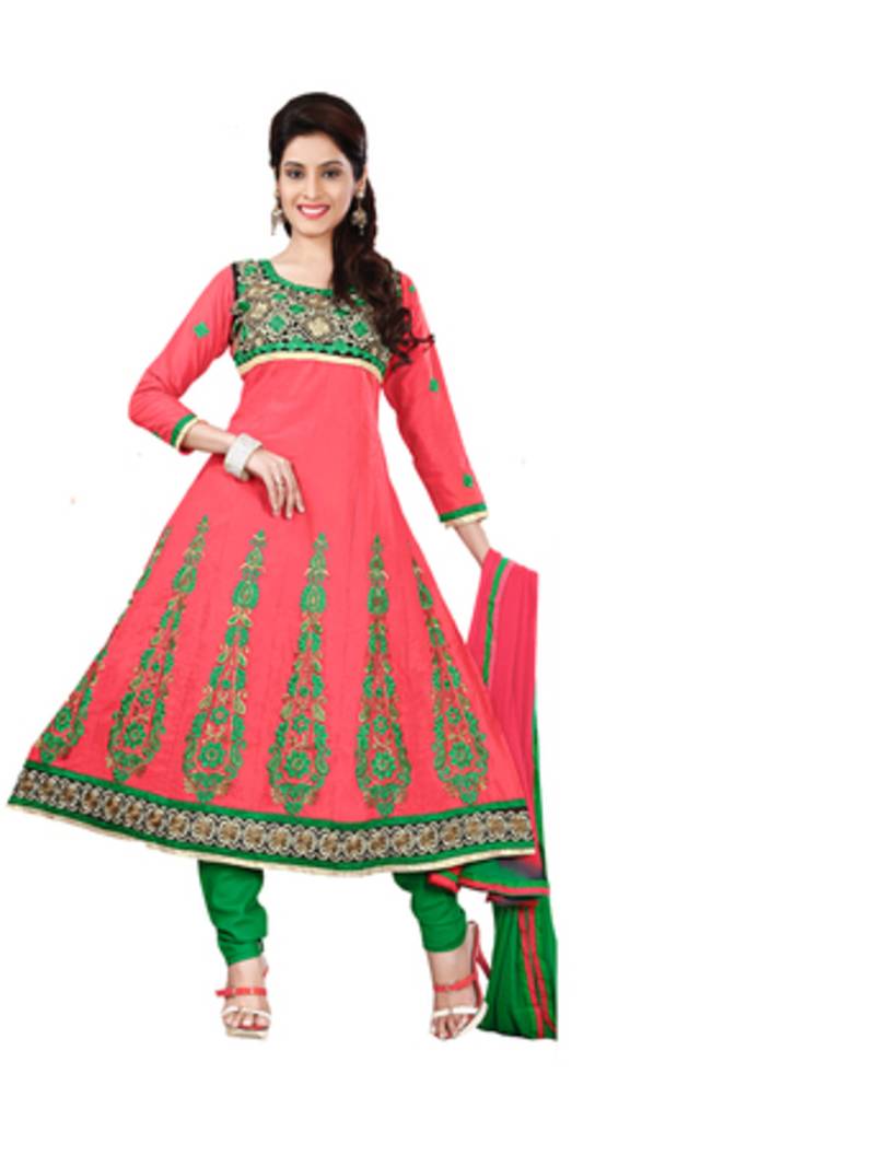 peach RED embroidered cotton unstitched salwar with dupatta
