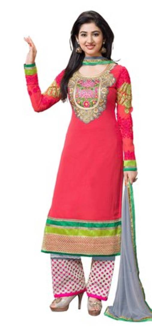 peach RED embroidered georgette unstitched salwar with dupatta