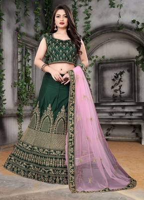  Green Embroidered Attractive Party Wear Malay satin Material With Cancan Lehenga 1