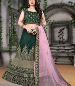  Green Embroidered Attractive Party Wear Malay satin Material With Cancan Lehenga