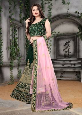  Green Embroidered Attractive Party Wear Malay satin Material With Cancan Lehenga 2
