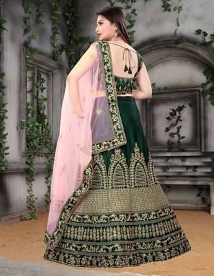  Green Embroidered Attractive Party Wear Malay satin Material With Cancan Lehenga 3