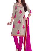 beige embroidered Chanderi unstitched salwar with dupatta