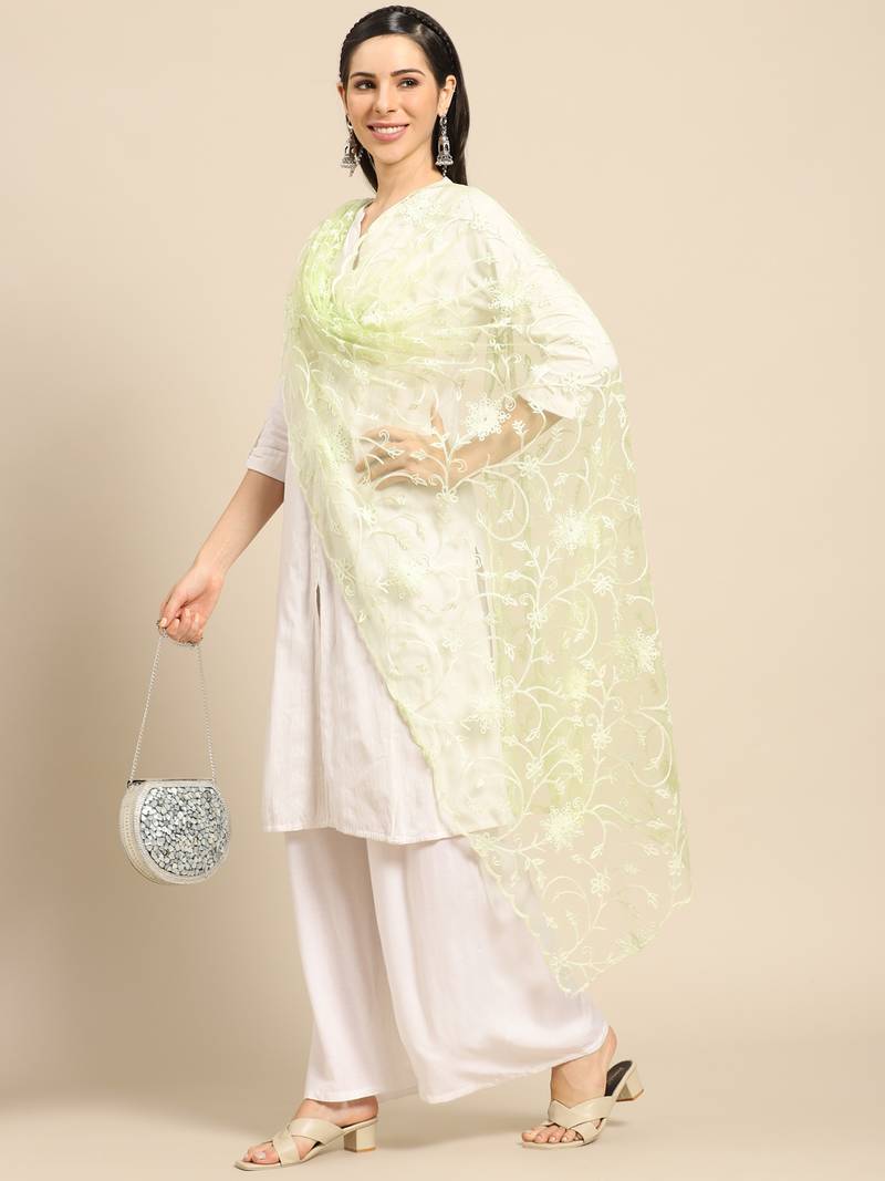 Saadgi Women Mint Green Net Aari Embroidery Dupatta INDIBAM 3556363