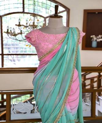 Peach embroidered georgette saree with blouse 2