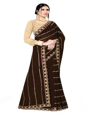 Coffee Embroidered Georgette Saree With Blouse 3