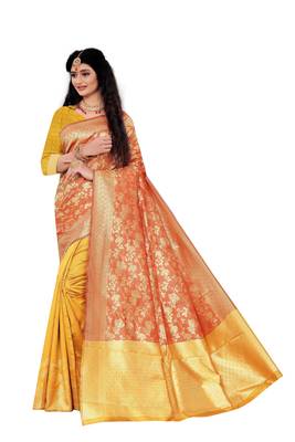 orange woven art silk saree with blouse 1