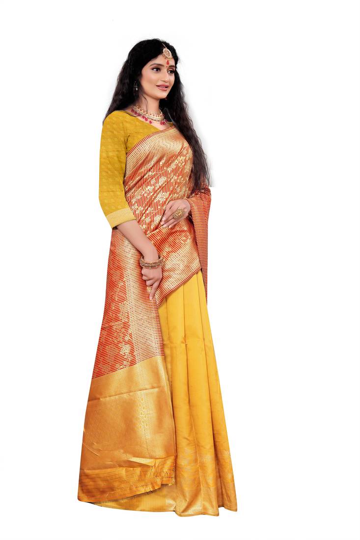 orange woven art silk saree with blouse