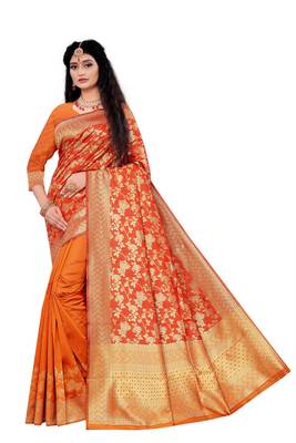 orange woven art silk saree with blouse 1