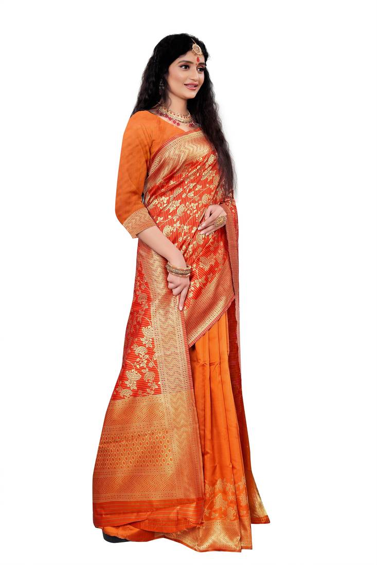 orange woven art silk saree with blouse
