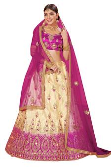Multicolor embroidered satin semi stitched lehenga