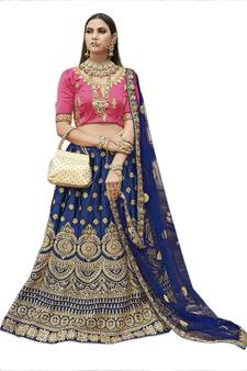 Blue embroidered satin semi stitched lehenga