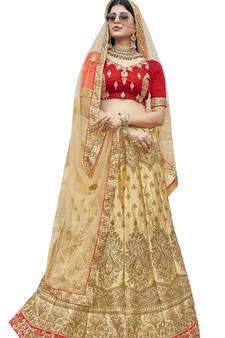 Beige embroidered satin semi stitched lehenga