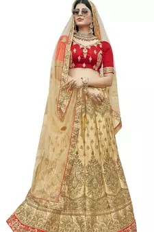 Beige embroidered satin semi stitched lehenga