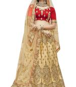 Beige embroidered satin semi stitched lehenga