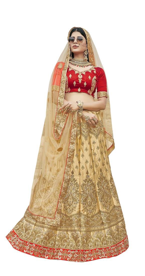 Beige embroidered satin semi stitched lehenga
