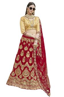 Maroon embroidered satin semi stitched lehenga