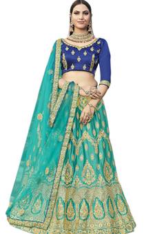 Turquoise embroidered satin semi stitched lehenga
