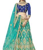 Turquoise embroidered satin semi stitched lehenga