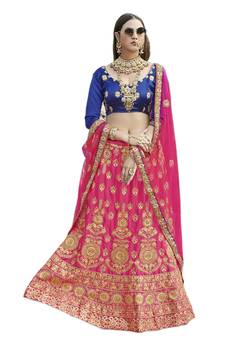 Pink embroidered satin semi stitched lehenga