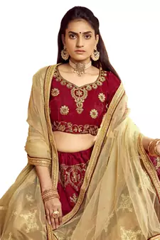Maroon embroidered Art Silk semi stitched lehenga