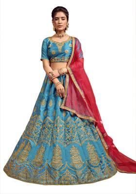 Aqua-blue embroidered art silk semi stitched lehenga 1