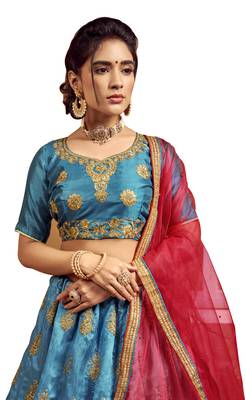 Aqua-blue embroidered art silk semi stitched lehenga 2