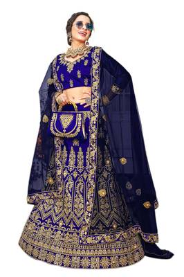 Blue embroidered satin semi stitched lehenga 1