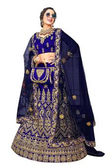 Blue embroidered satin semi stitched lehenga