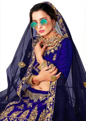 Blue embroidered satin semi stitched lehenga 2