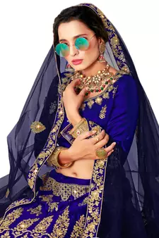 Blue embroidered satin semi stitched lehenga