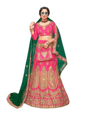 Pink embroidered satin semi stitched lehenga 1