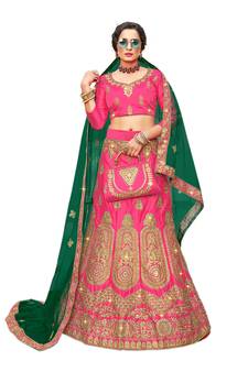 Pink embroidered satin semi stitched lehenga