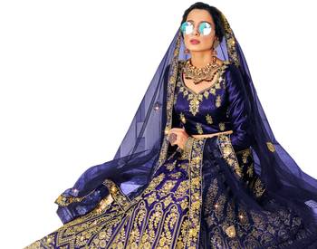 Blue embroidered satin semi stitched lehenga 3