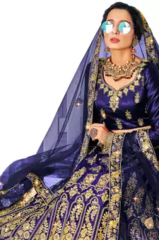 Blue embroidered satin semi stitched lehenga
