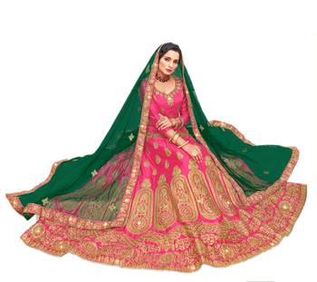 Pink embroidered satin semi stitched lehenga 2