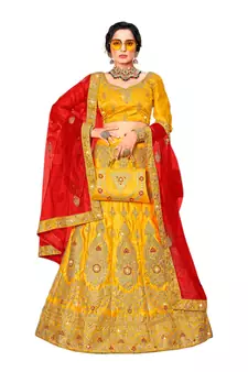 Yellow embroidered satin semi stitched lehenga