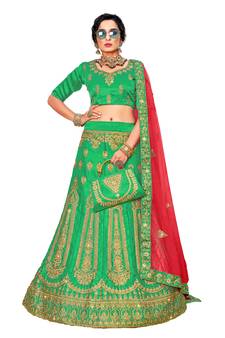 Green embroidered satin semi stitched lehenga