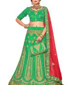 Green embroidered satin semi stitched lehenga