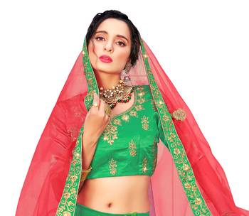 Green embroidered satin semi stitched lehenga 2