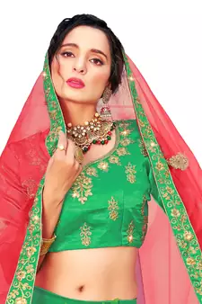 Green embroidered satin semi stitched lehenga