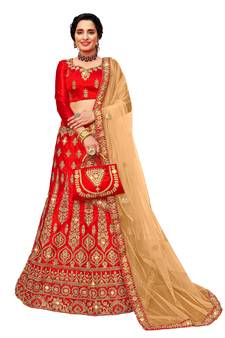 Red embroidered satin semi stitched lehenga