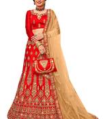Red embroidered satin semi stitched lehenga