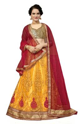 Yellow embroidered net semi stitched lehenga 1